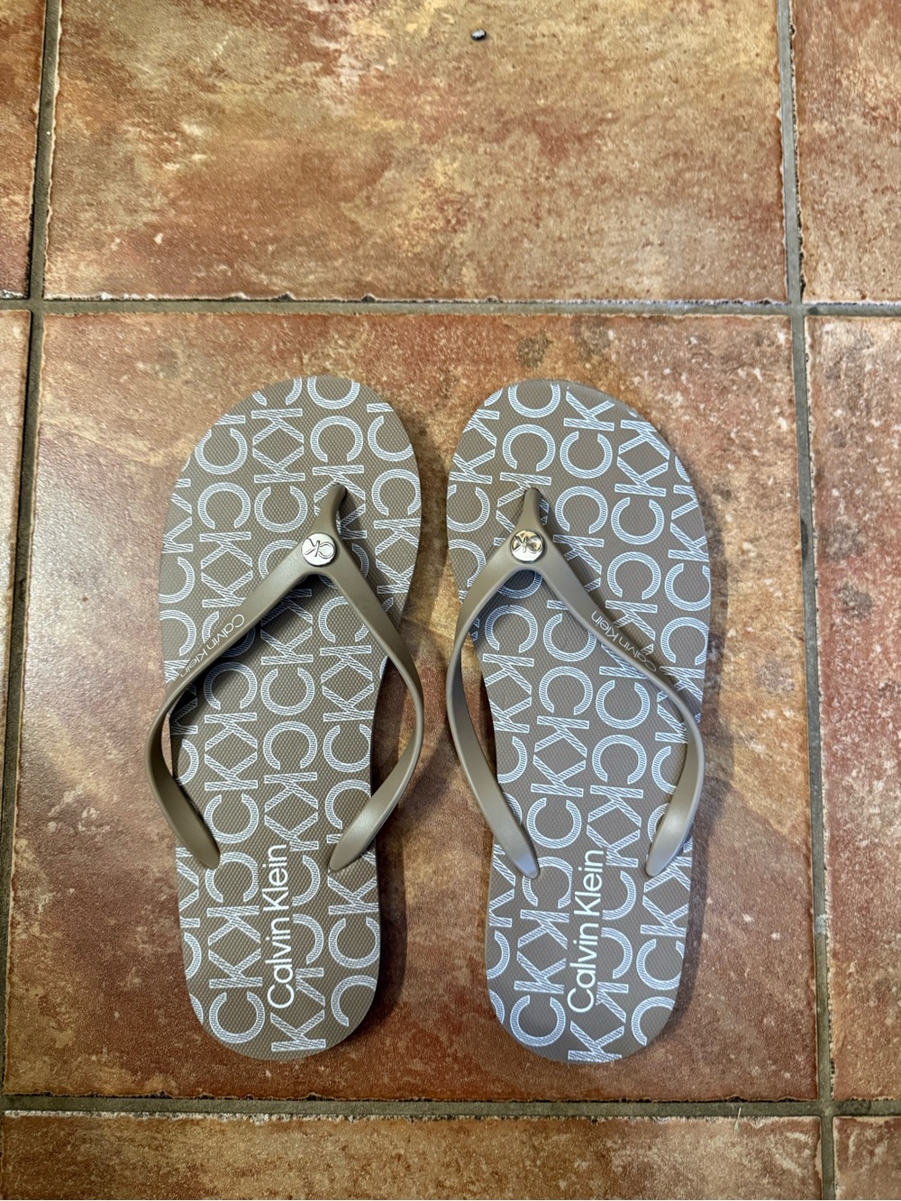 Calvin Klein Taupe Gray Logo Thong Sandals for Women